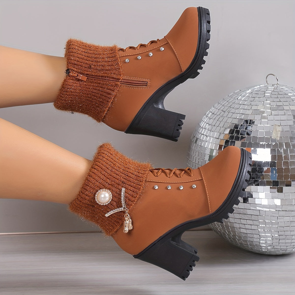 Women's Block Heeled Ankle Boots - Faux Pearl Decor Knit Stitching Booties - Fashion Winter Zipper High Heeled Boots - For Women - Suitable for Parties & Casual Wear - Perfect Gift for Fashionistas